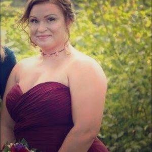 Burgundy full length formal strapless dress